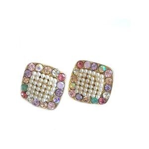 Pastel pearl crystal clip on earrings gold clip
